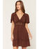 Image #1 - Wild Moss Women's Crochet Inset Mini Dress, Brown, hi-res