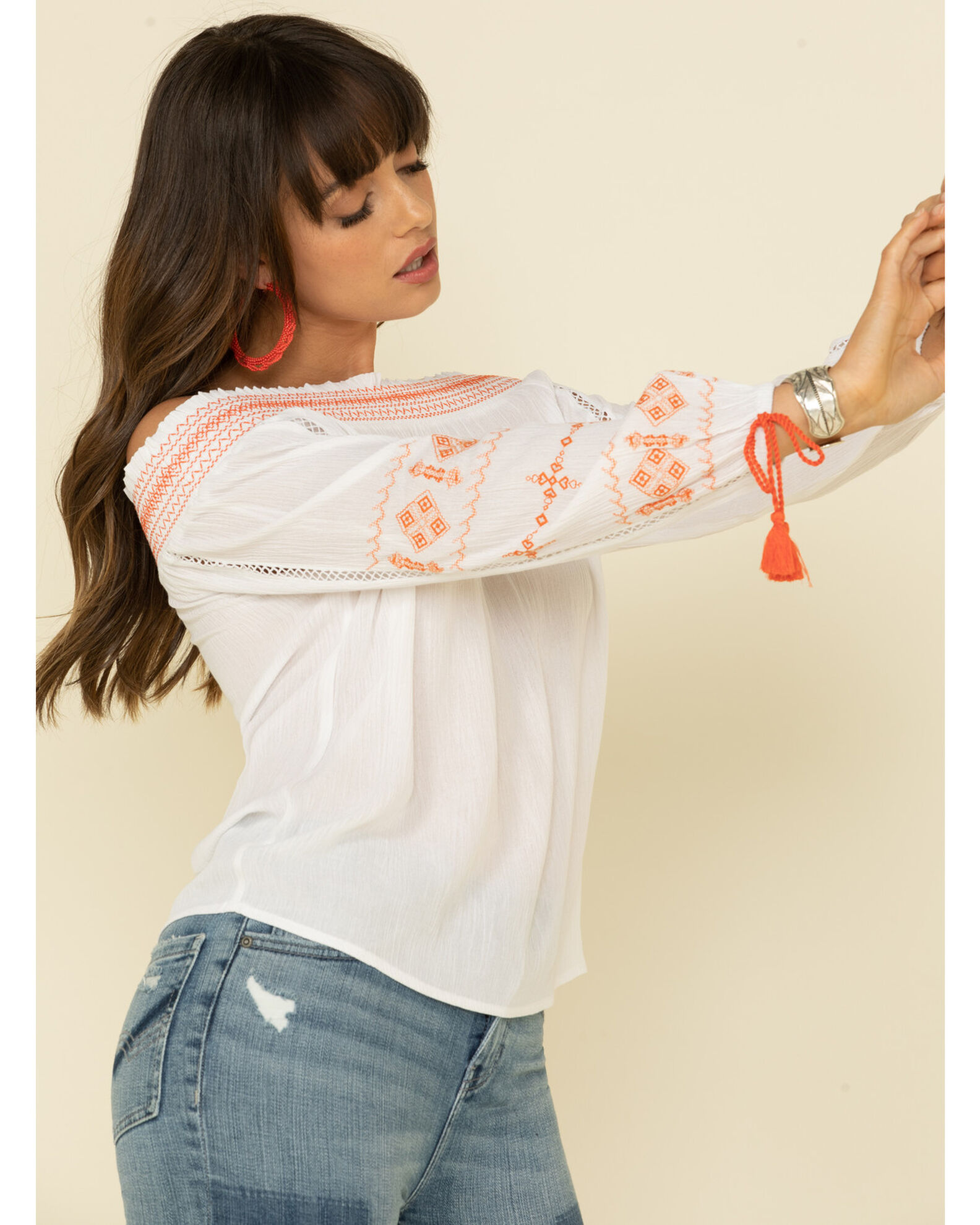 Image #2 - Wrangler Women's Embroidered Tassel Off Shoulder Top, Ivory, hi-res