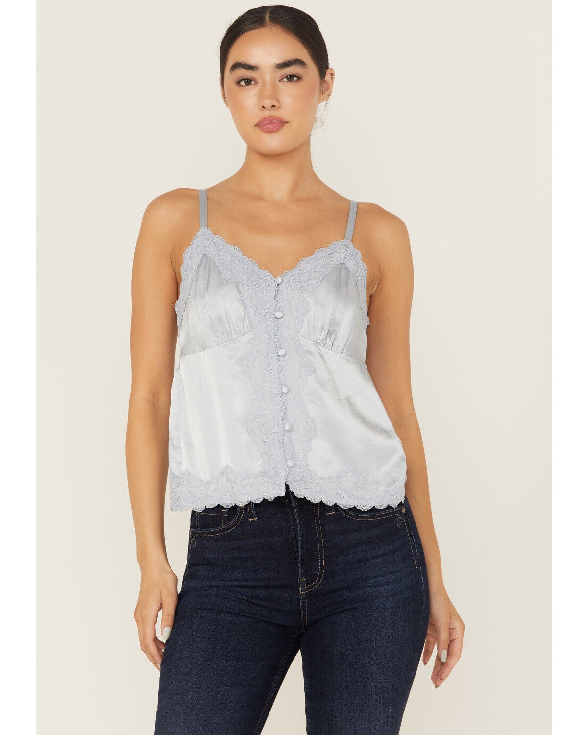 Shyanne Women's Lace Trim Satin Cami, Slate, hi-res