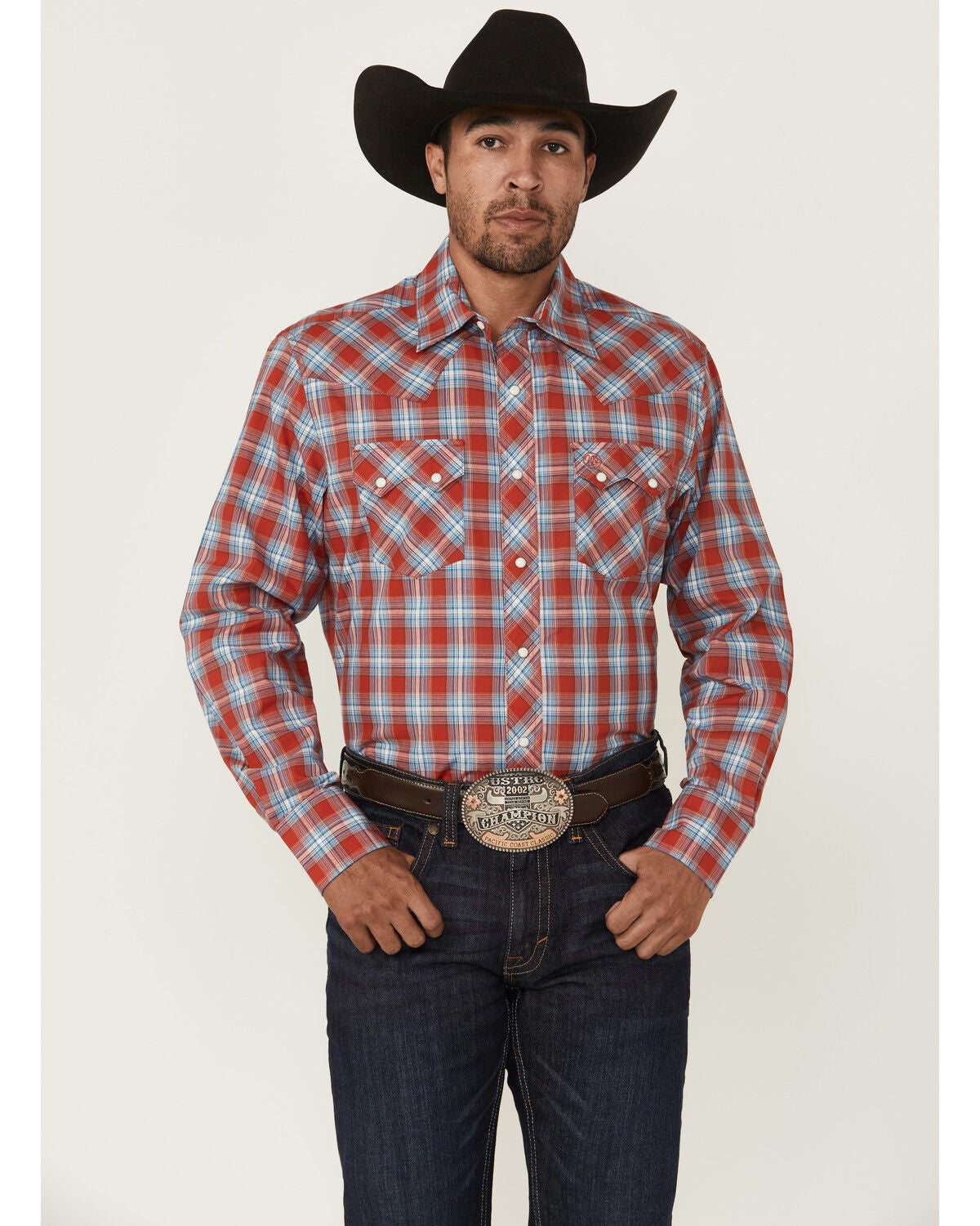 Wrangler Retro Men's Plaid Print Long Sleeve Snap Western Shirt - Tall, Red, hi-res