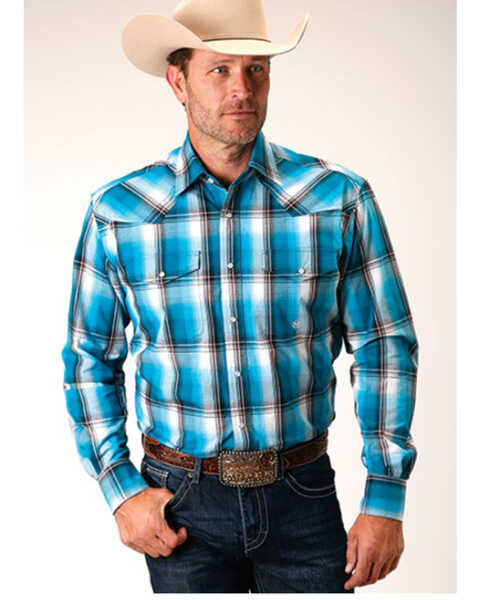 Roper Men's Amarillo Plaid Print Long Sleeve Pearl Snap Western Shirt, Bright Blue, hi-res