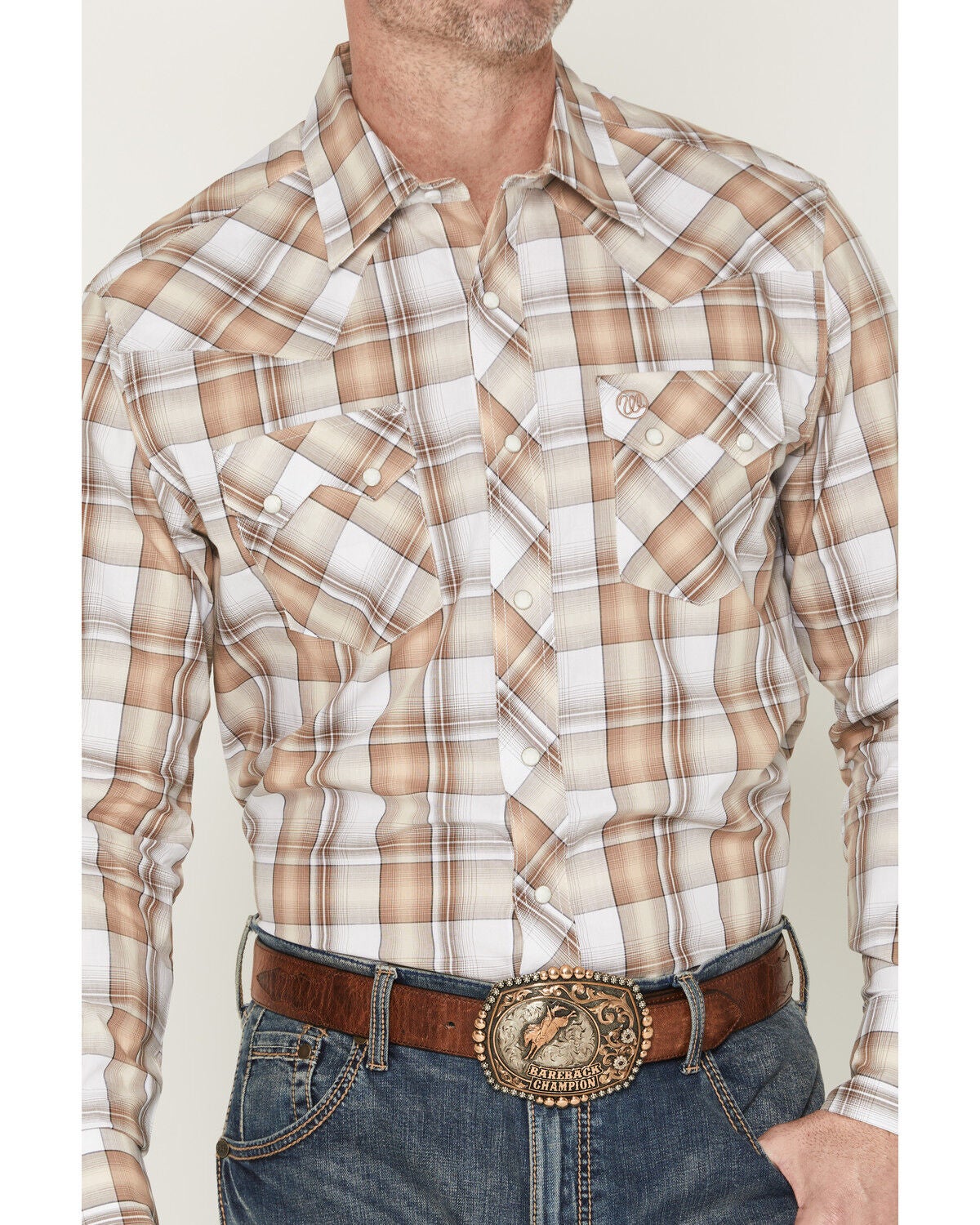 Image #3 - Wrangler Retro Men's Plaid Print Long Sleeve Snap Western Shirt, Tan, hi-res