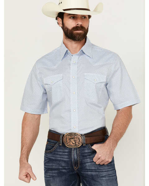 Image #1 - Wrangler 20X Men's Advanced Comfort Geo Print Short Sleeve Snap Stretch Western Shirt, Blue, hi-res