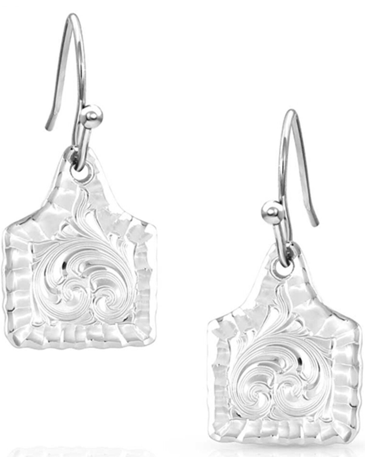 Image #1 - Montana Silversmiths Women's Chiseled Cow Tag earrings, Silver, hi-res