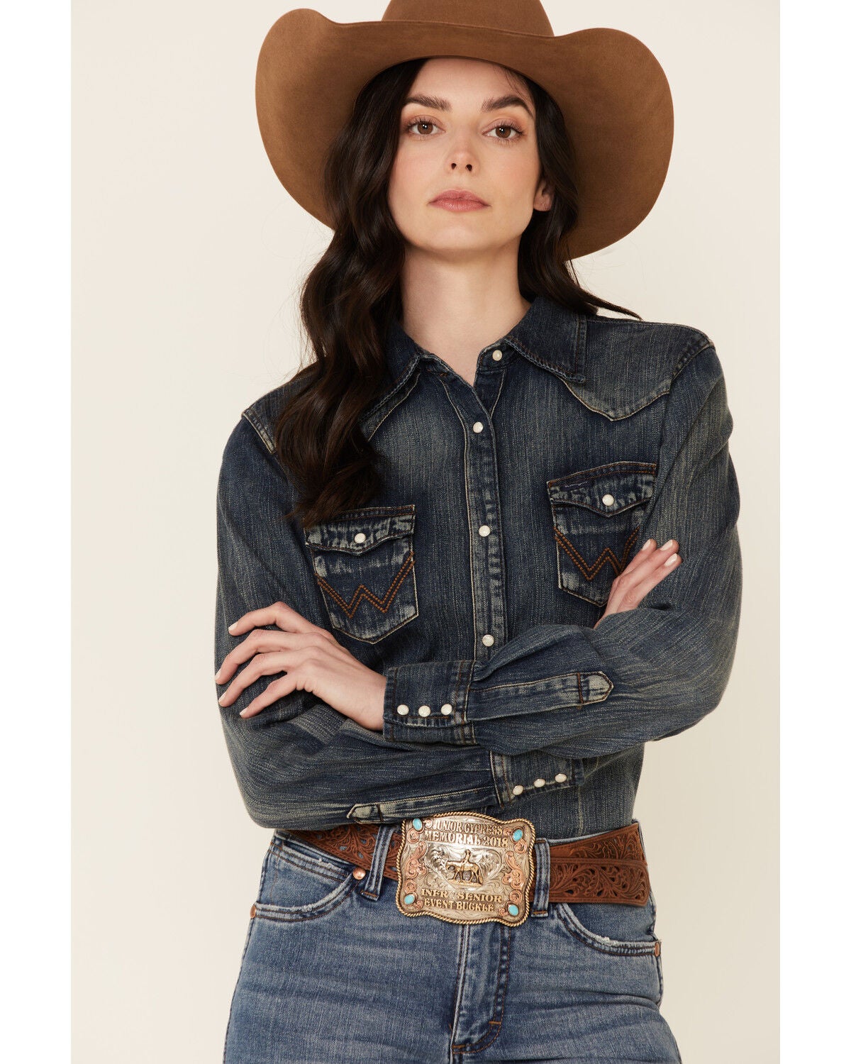 Wrangler Women's Long Sleeve Vintage Denim Shirt, Indigo, hi-res