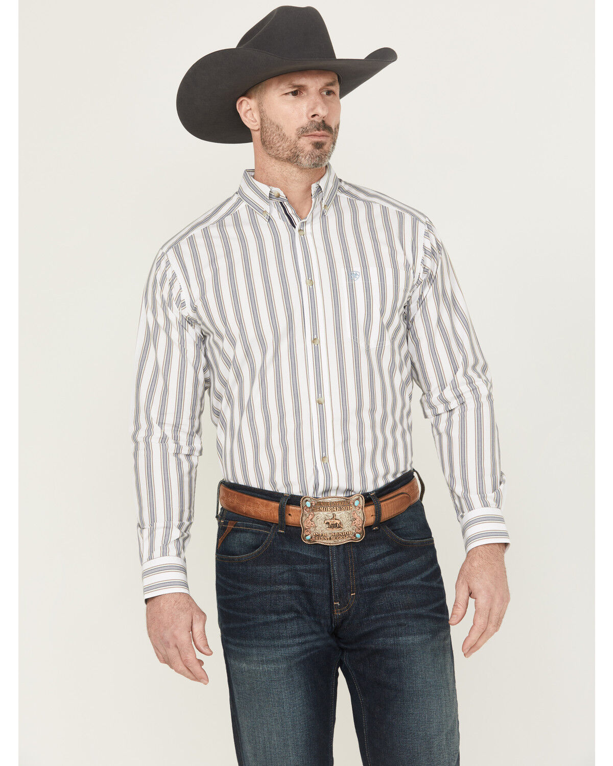 Image #1 - Ariat Men's Cohen Pro Series Striped Print Long Sleeve Button-Down Stretch Western Shirt - Big, White, hi-res
