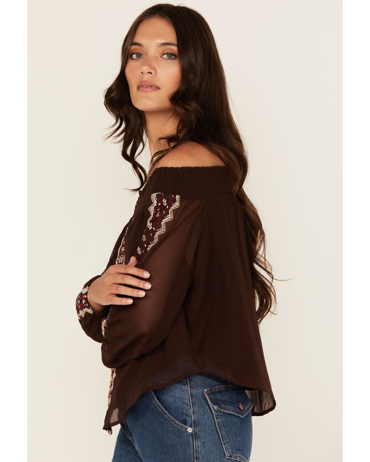 Image #2 - Shyanne Women's Georgette Embroidered Off The Shoulder Top, Chocolate, hi-res
