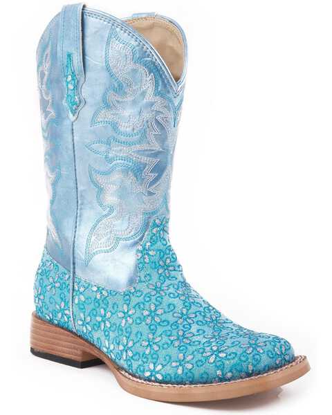 Image #1 - Roper Girls' Floral Glitter Western Boots - Square Toe, Blue, hi-res