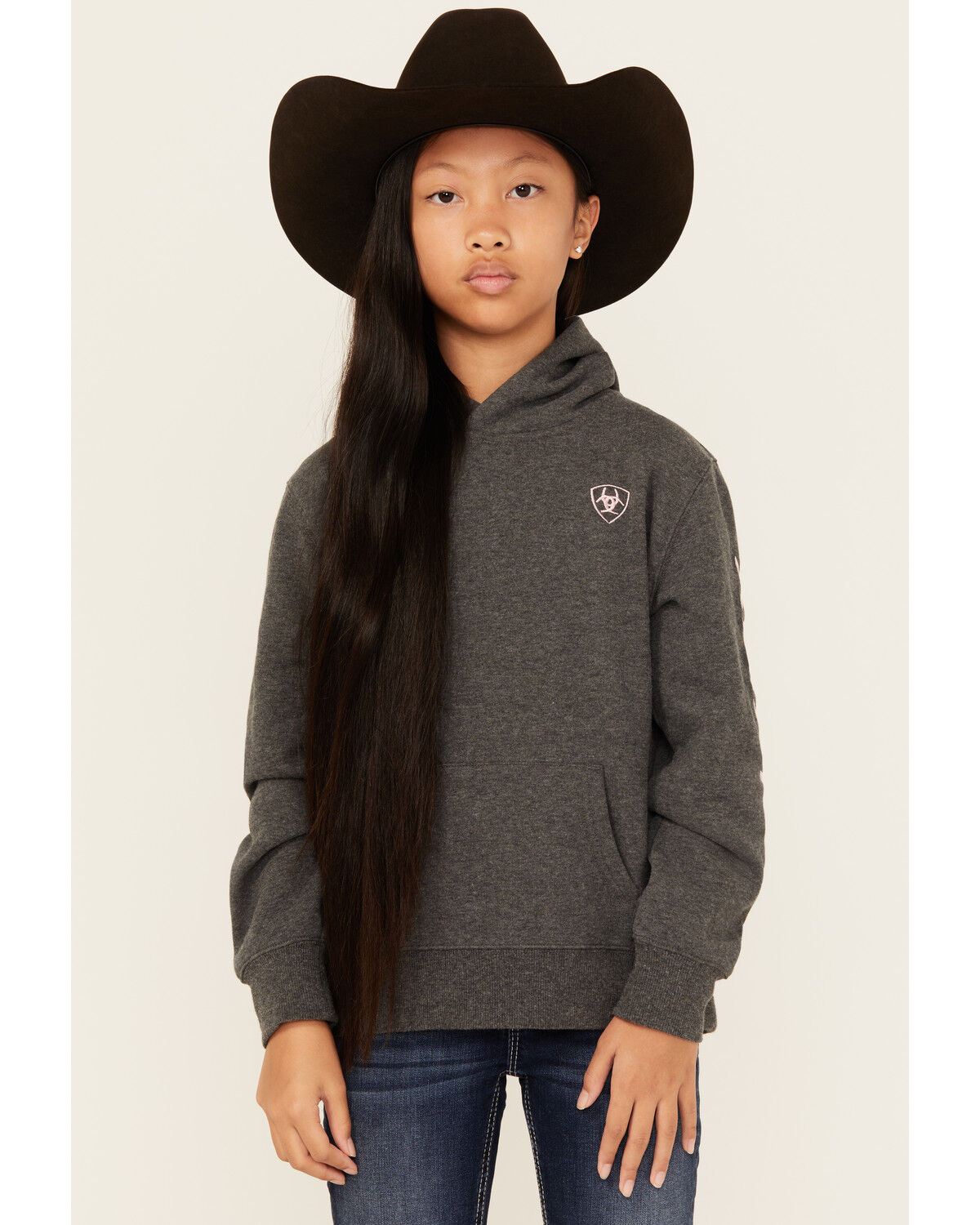 Image #1 - Ariat Girls' Boot Barn Exclusive Logo Hoodie, Charcoal, hi-res