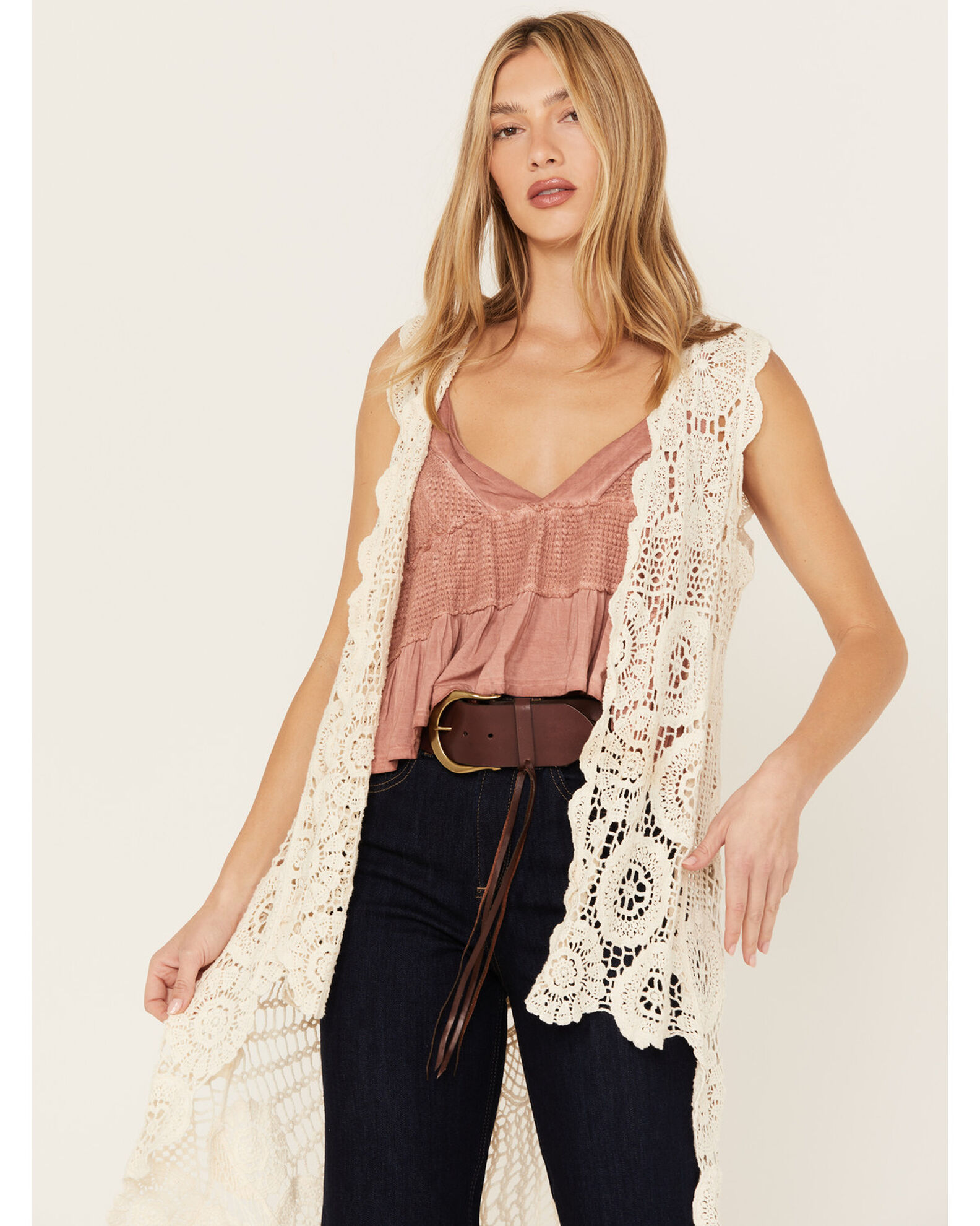 En Creme Floral Crochet High Low Vest Country Outfitter