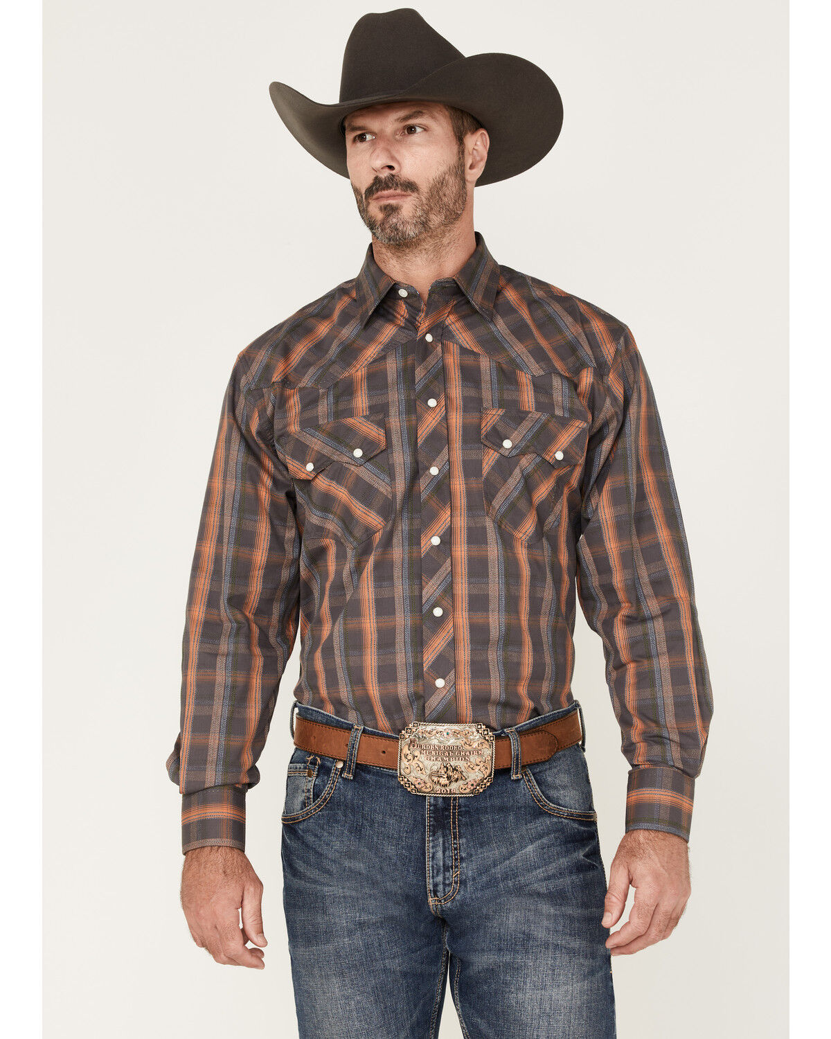 Image #1 - Resistol Men's Reid Plaid Print Long Sleeve Snap Western Shirt, Dark Grey, hi-res
