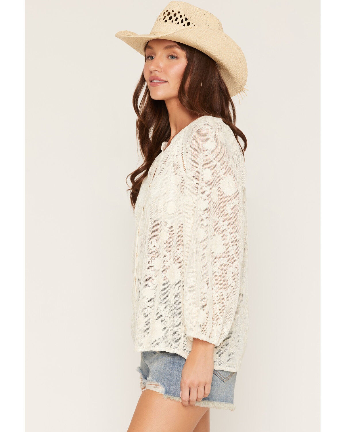 Image #2 - Lovestitch Women's Embroidered Lace 3/4 Sleeve Peasant Top, Natural, hi-res