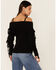 Shyanne Women's Black Off-Shoulder Fringe Long Sleeve Knit Sweater, Black, hi-res