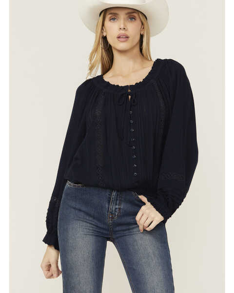 Wild Moss Women's Lace Detail Peasant Top, Navy, hi-res