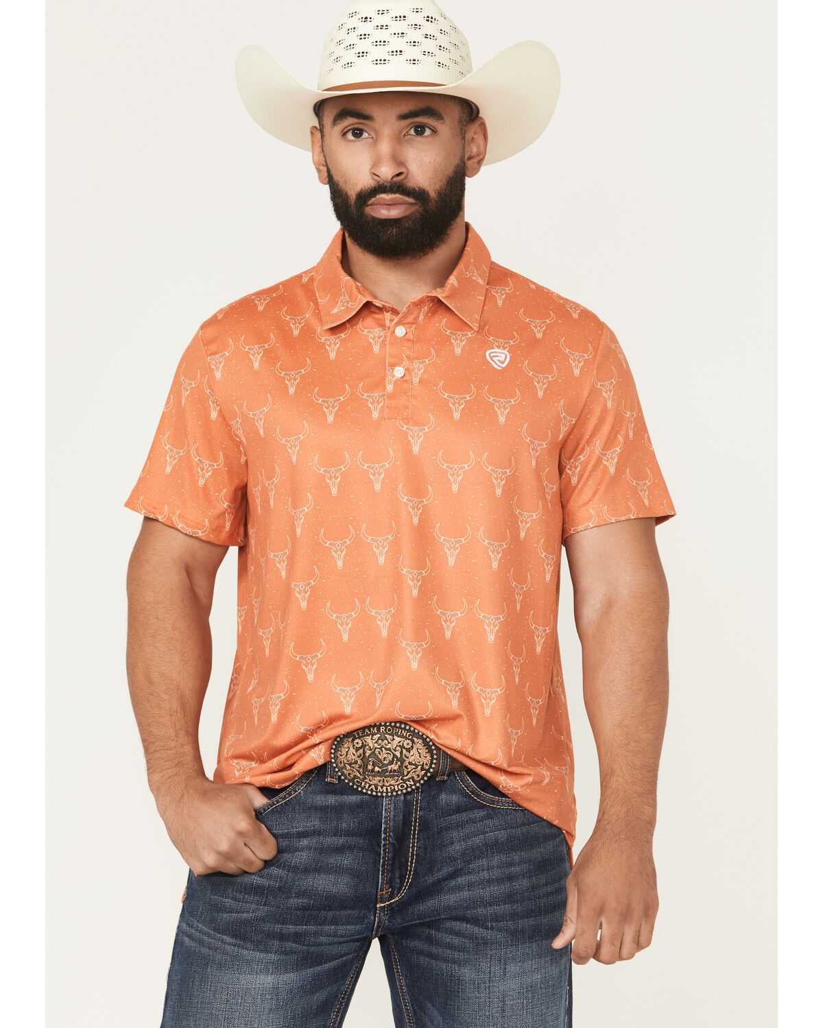 Image #1 - Rock & Roll Denim Men's Skull Print Short Sleeve Button-Down Stretch Polo, Orange, hi-res