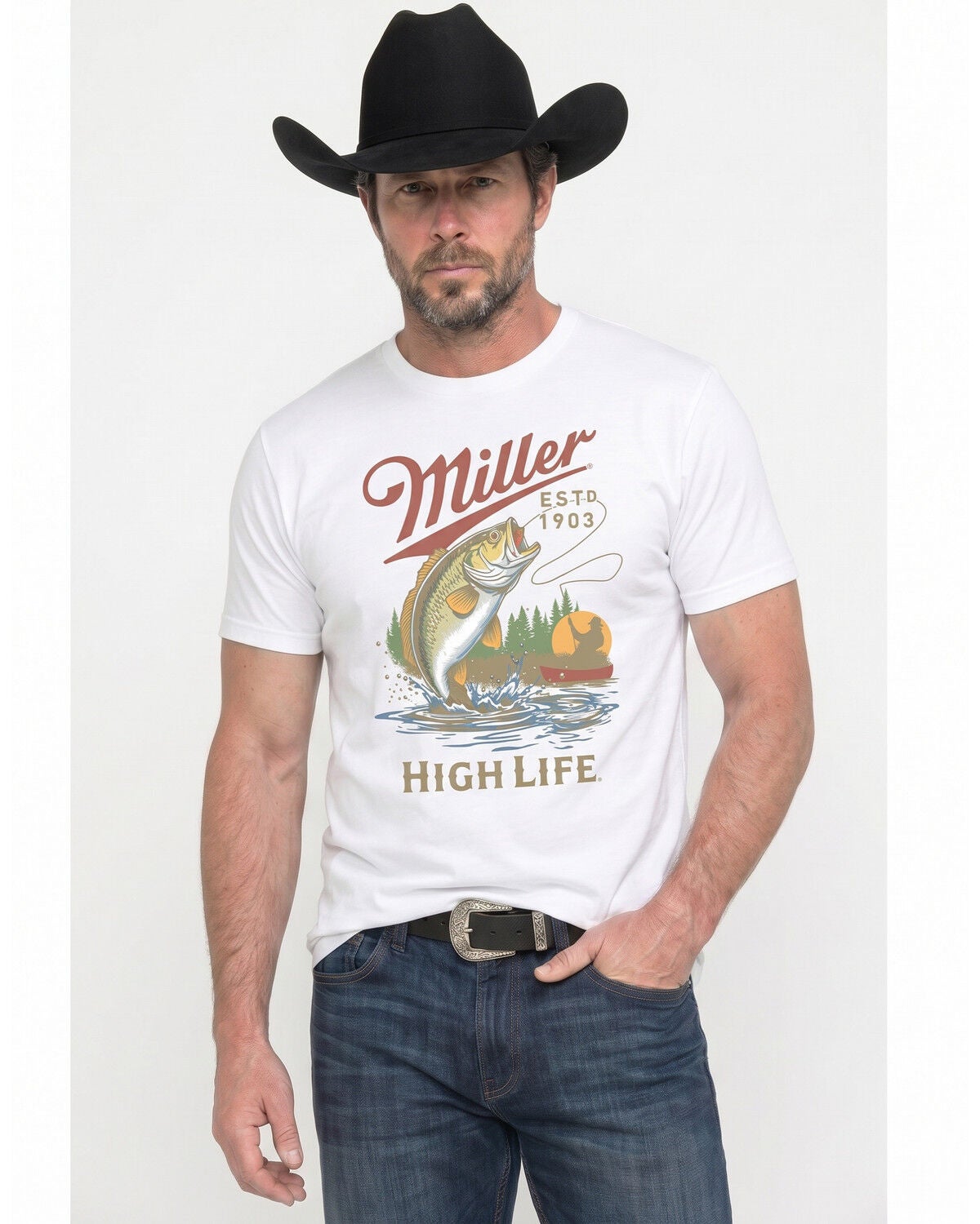 Image #1 - Miller Men's High Life Fishing Short Sleeve Graphic T-Shirt, White, hi-res