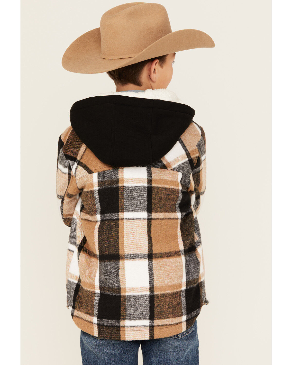 Image #4 - Urban Republic Little Boys' Plaid Print Sherpa Lined Snap Hooded Shacket, Brown, hi-res
