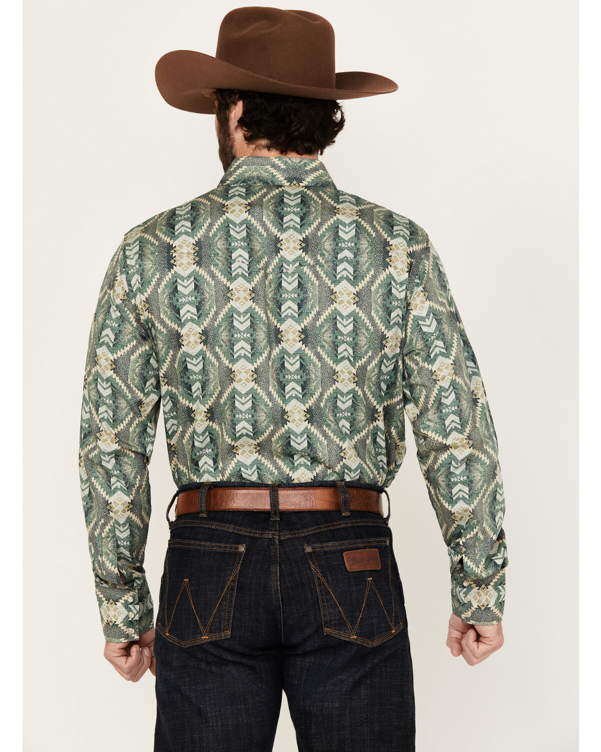 Image #4 - Wrangler Men's Checotah Southwestern Print Long Sleeve Pearl Snap Western Shirt, Green, hi-res