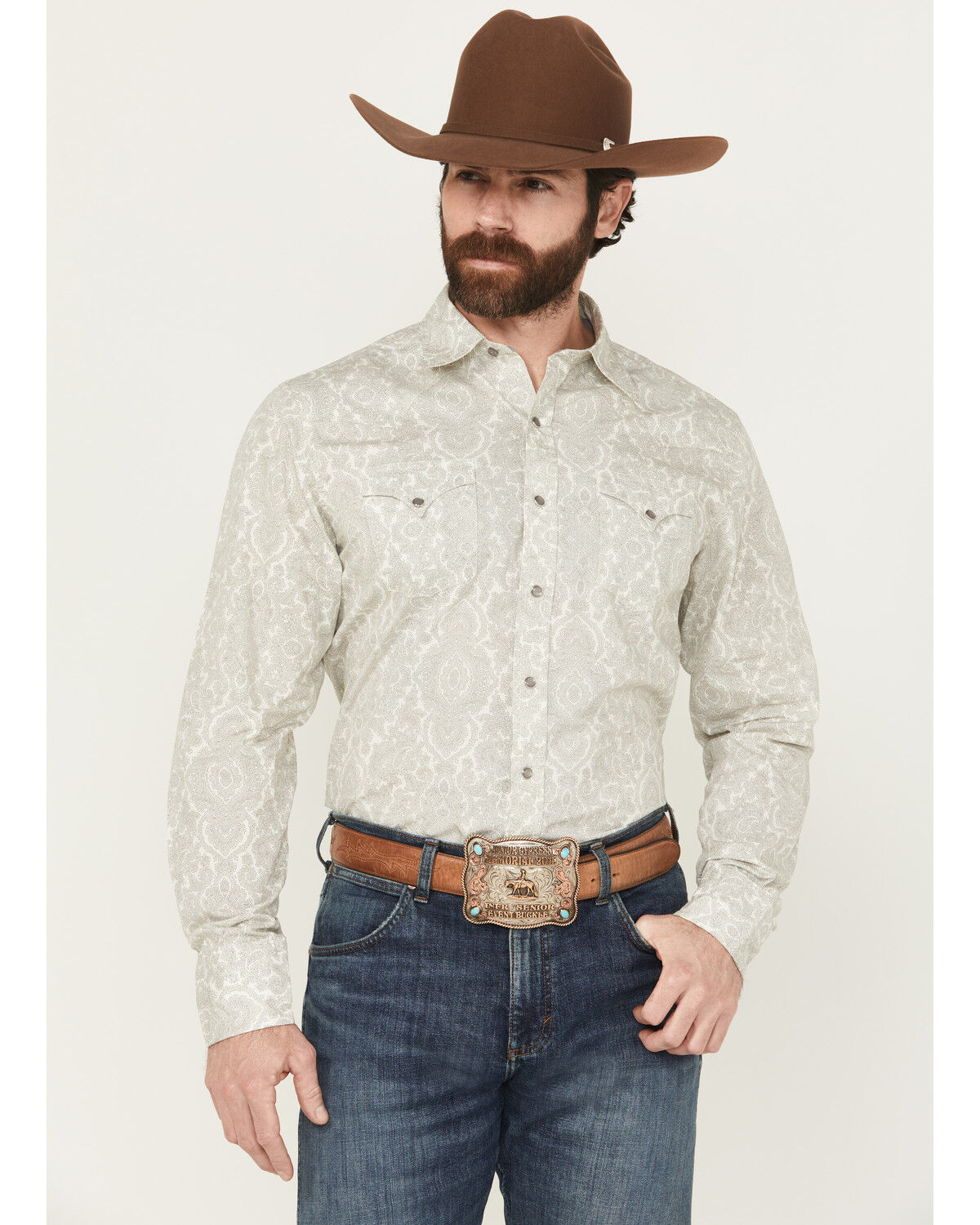 Image #1 - Stetson Men's Medallion Print Long Sleeve Pearl Snap Western Shirt, Light Grey, hi-res