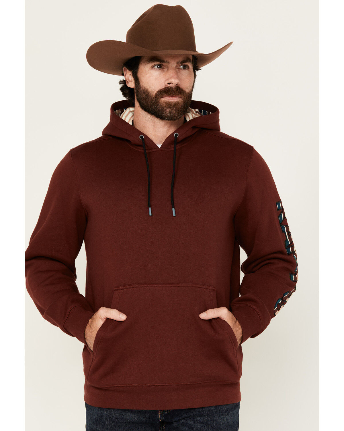 Image #1 - RANK 45® Men's Striped Logo Hooded Sweatshirt, Burgundy, hi-res