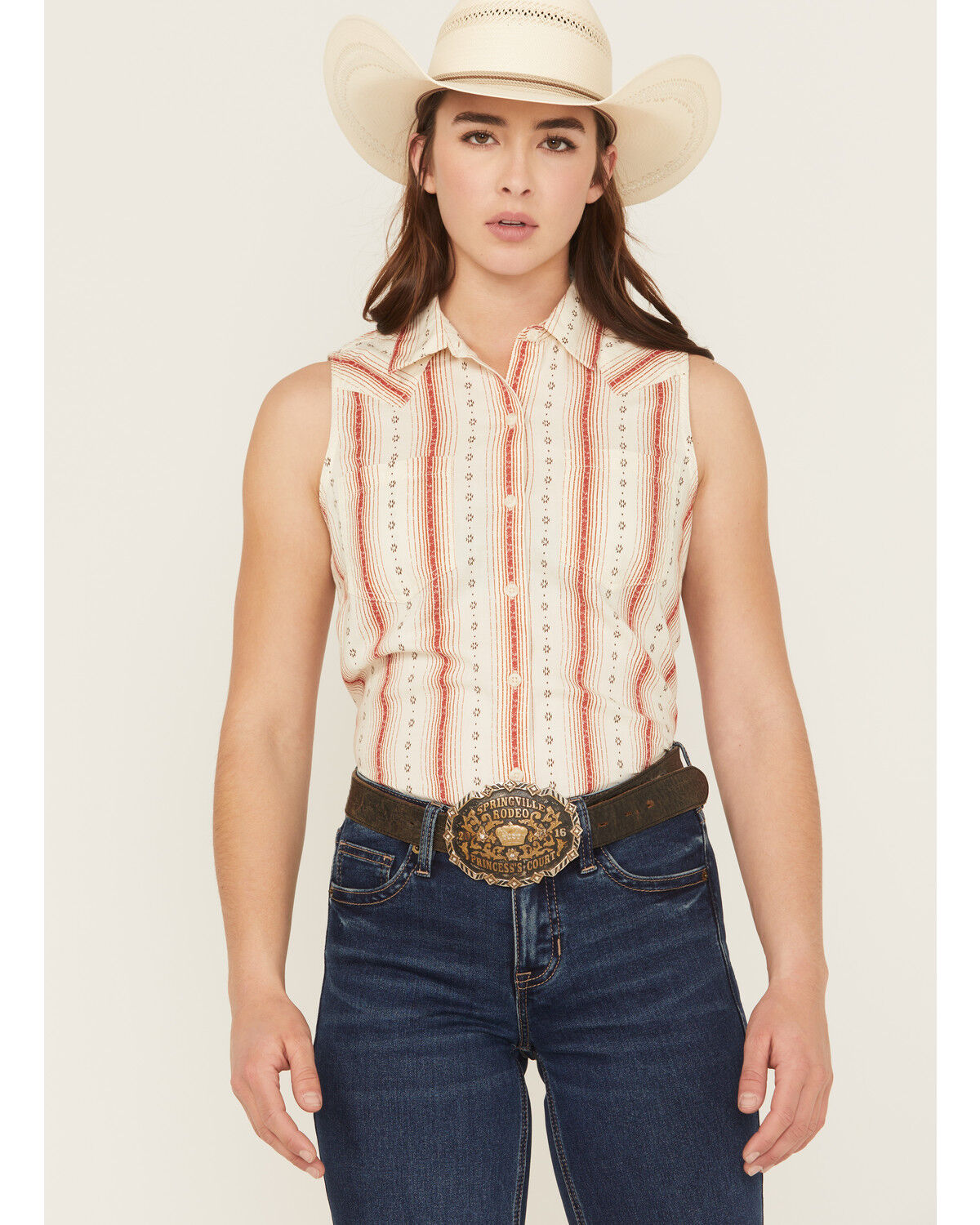 Image #1 - Ariat Women's Billie Jean Desert Stripe Sleeveless Shirt, Cream, hi-res