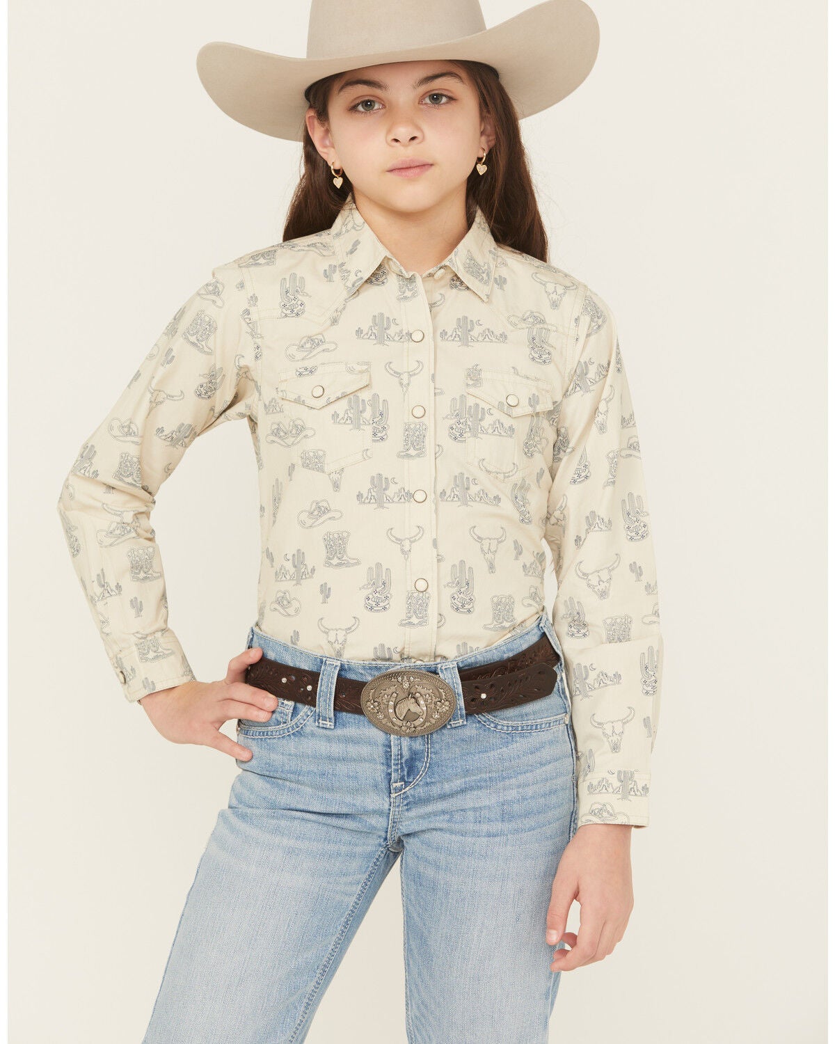 Ariat Girls' Desert Print Long Sleeve Snap Western Shirt, Tan, hi-res