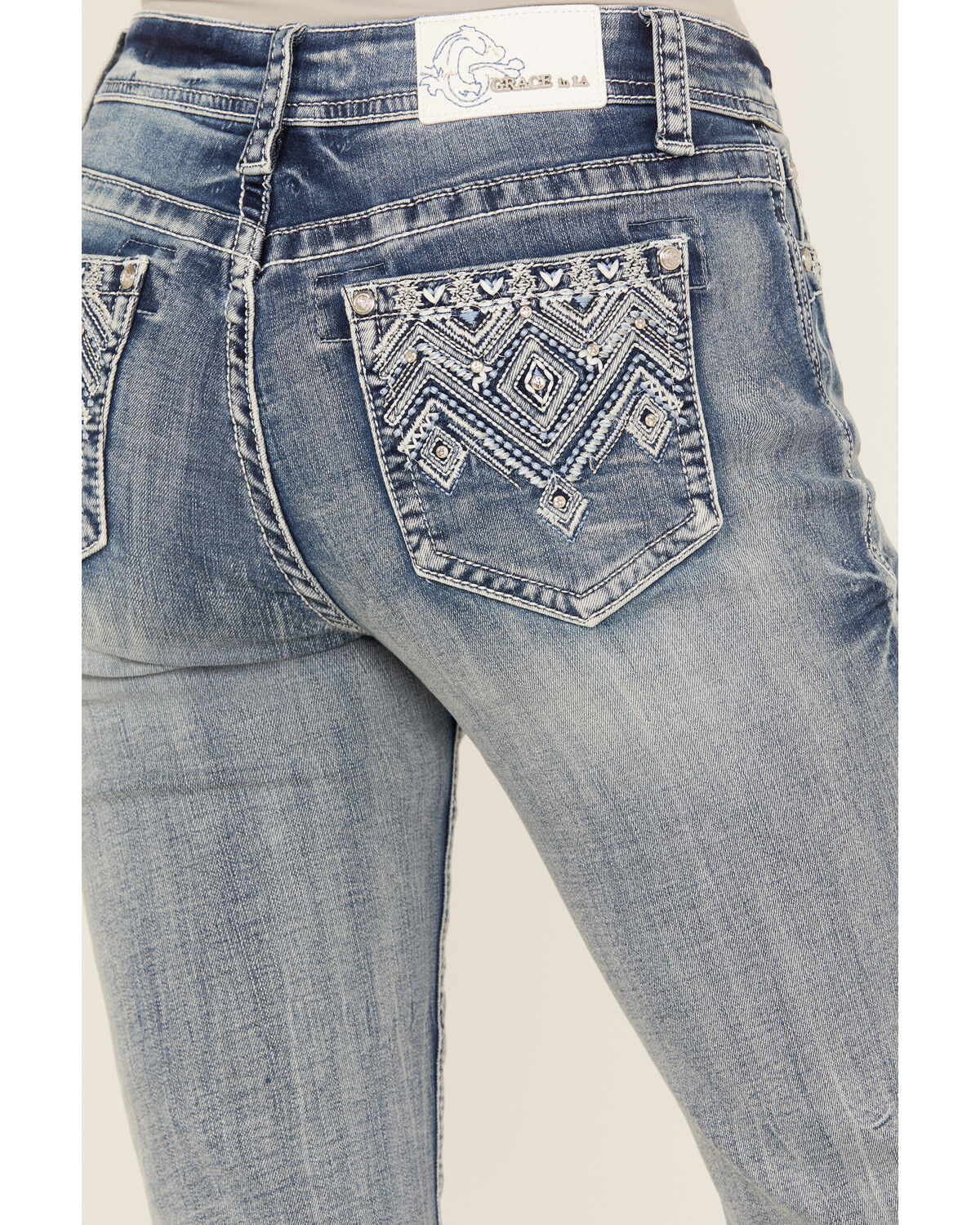 Image #2 - Grace in LA Women's Light Wash Mid Rise Geo Embroidered Pocket Bootcut Jeans, , hi-res