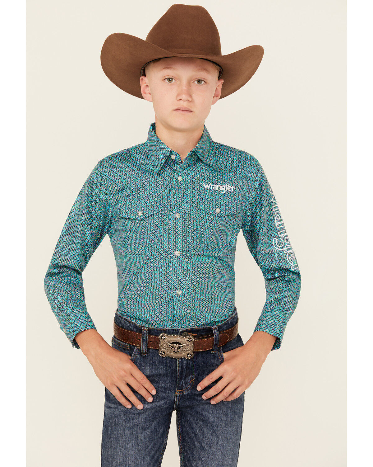 Image #1 - Wrangler Boys' Logo Sleeve Printed Long Sleeve Snap Western Shirt, Turquoise, hi-res