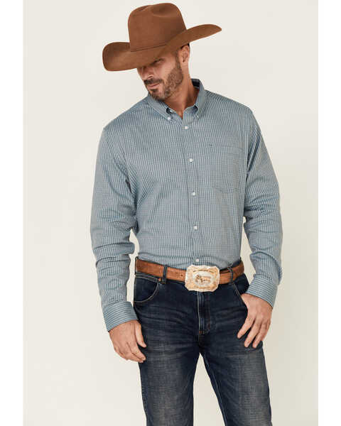 Cody James Core Men's Walnut Dobby Small Plaid Long Sleeve Button Down Western Shirt , Blue, hi-res