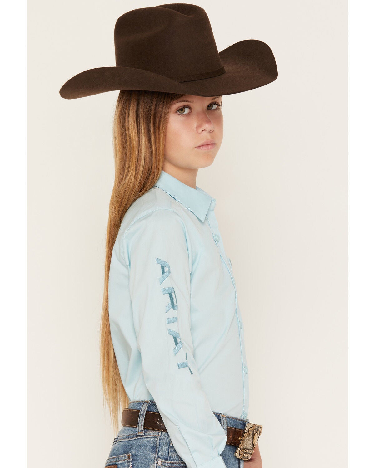 Image #2 - Ariat Girls' Team Kirby Logo Long Sleeve Button-Down Stretch Western Shirt, Blue, hi-res