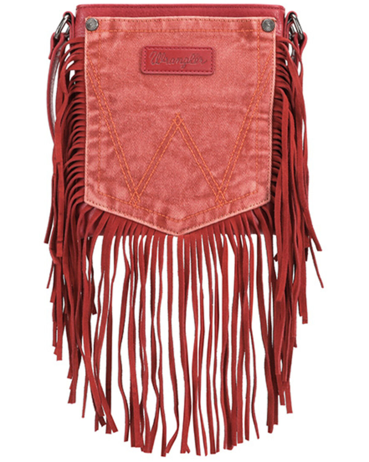 Image #1 - Wrangler Women's Fringe Pocket Denim Crossbody Bag, Orange, hi-res