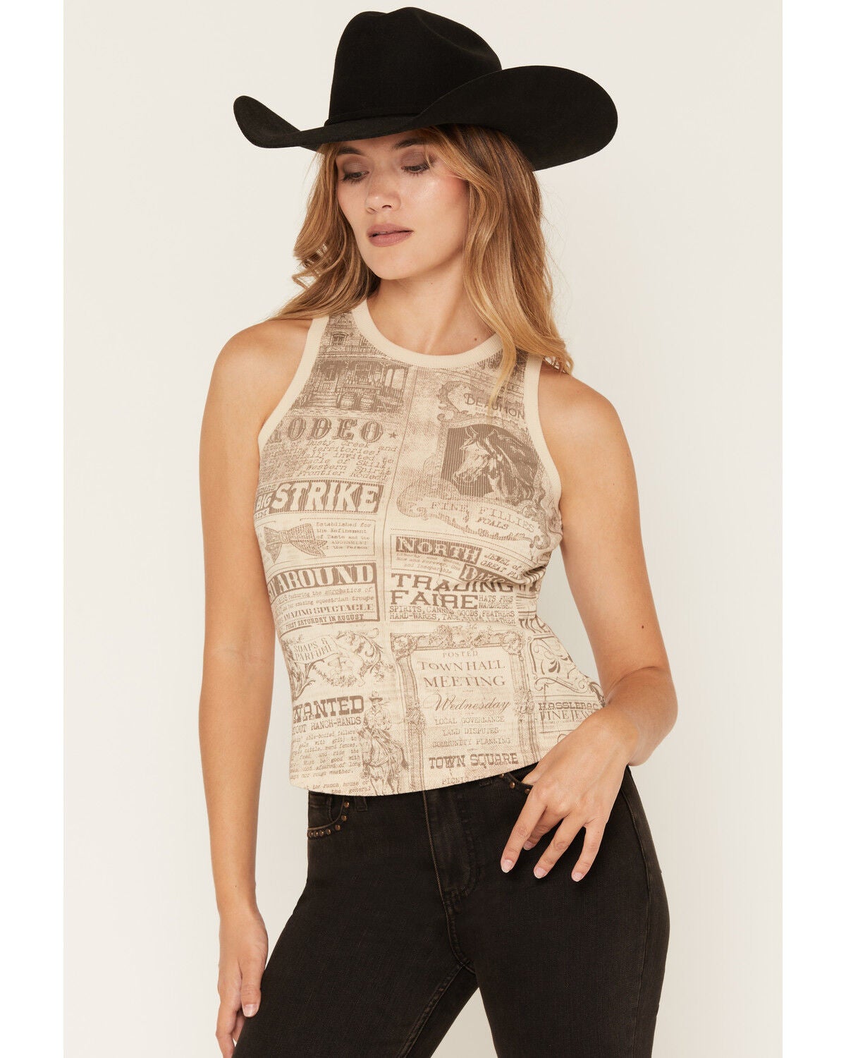 Shyanne Women's Newspaper Rib Knit Graphic Tank Top, Natural, hi-res