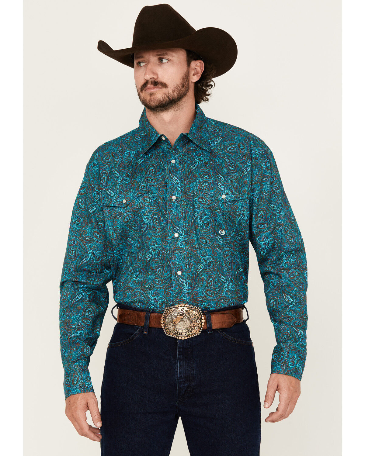 Image #1 - Roper Men's Amarillo Paisley Print Long Sleeve Snap Western Shirt, Turquoise, hi-res