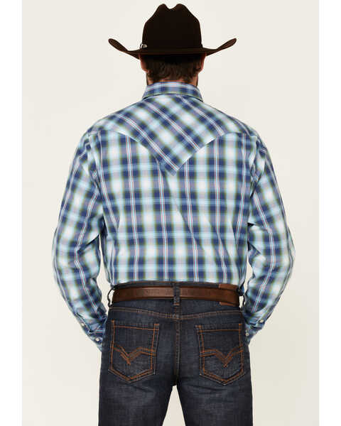 Image #4 - West Made Men's Dobby Plaid Long Sleeve Pearl Snap Western Shirt , Blue, hi-res