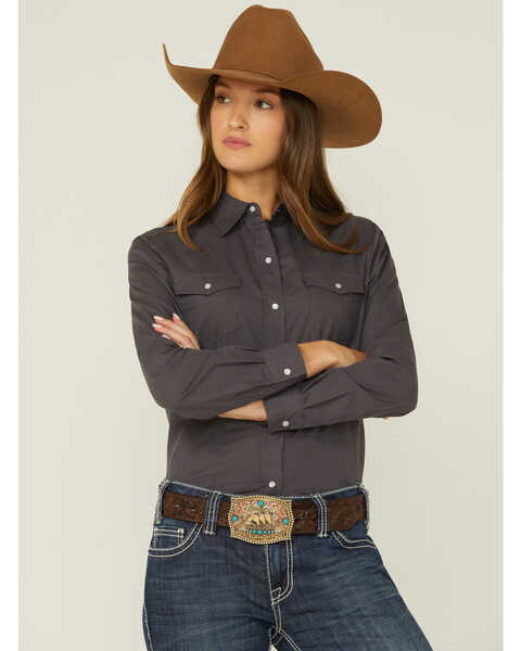 Roper Women's Solid Long Sleeve Snap Western Shirt, Grey, hi-res