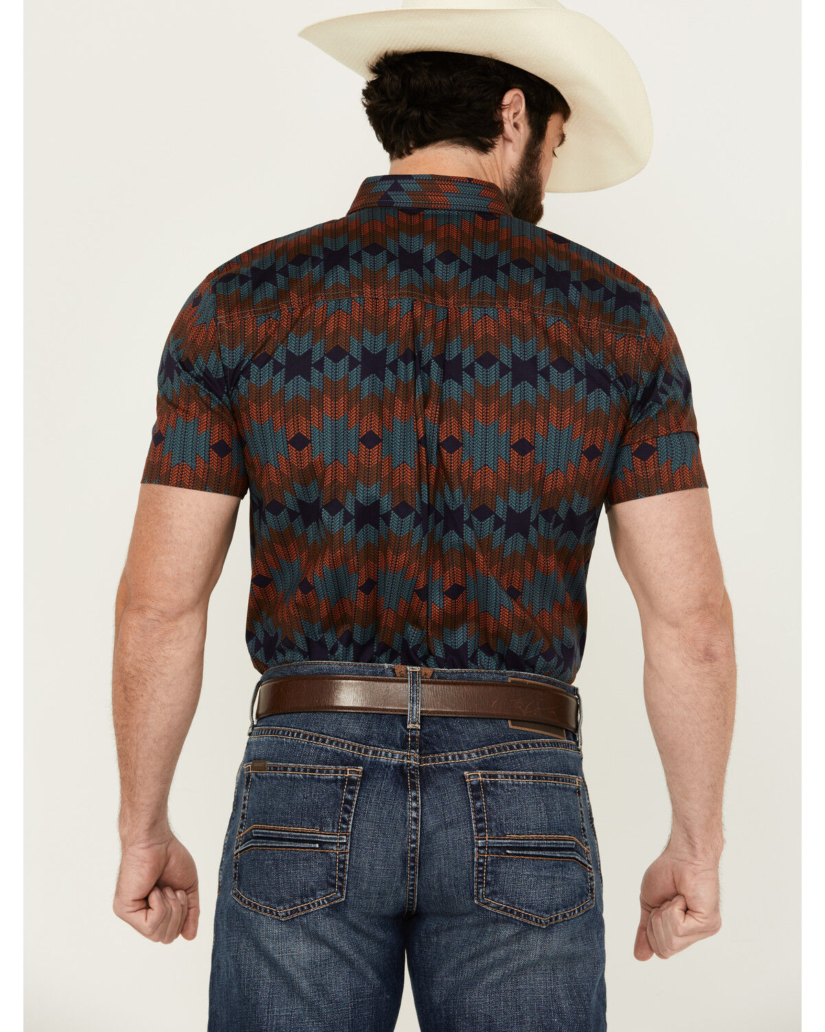 Image #4 - RANK 45® Men's Azrank Southwestern Print Short Sleeve Button-Down Stretch Western Shirt, Teal, hi-res
