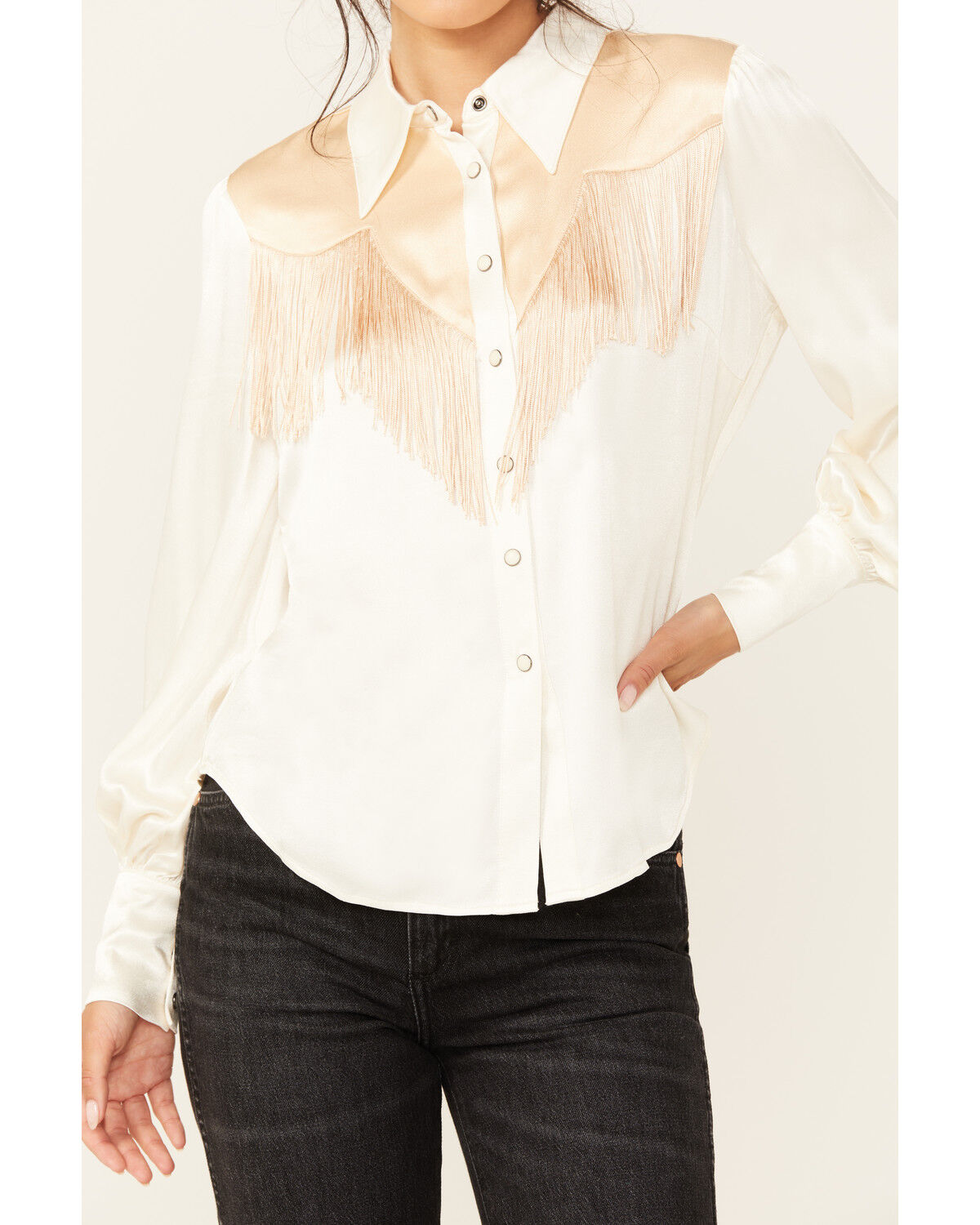 Image #3 - Shyanne Women's Color Block Western Fringe Blouse, Cream, hi-res
