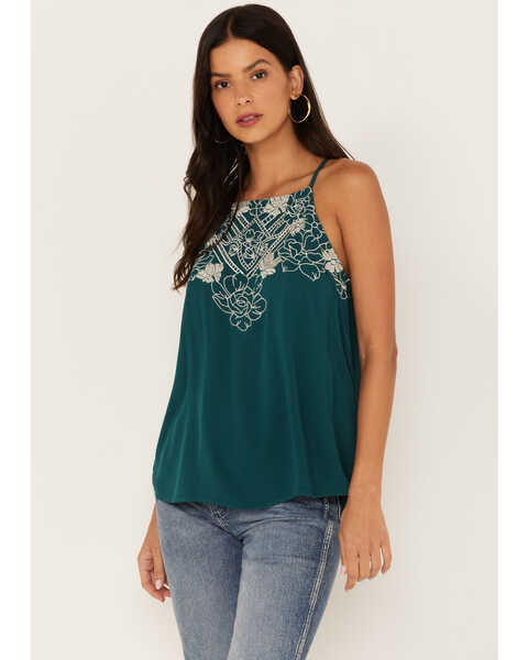 Eyeshadow Women's Floral Embroidered Tank Top, Teal, hi-res