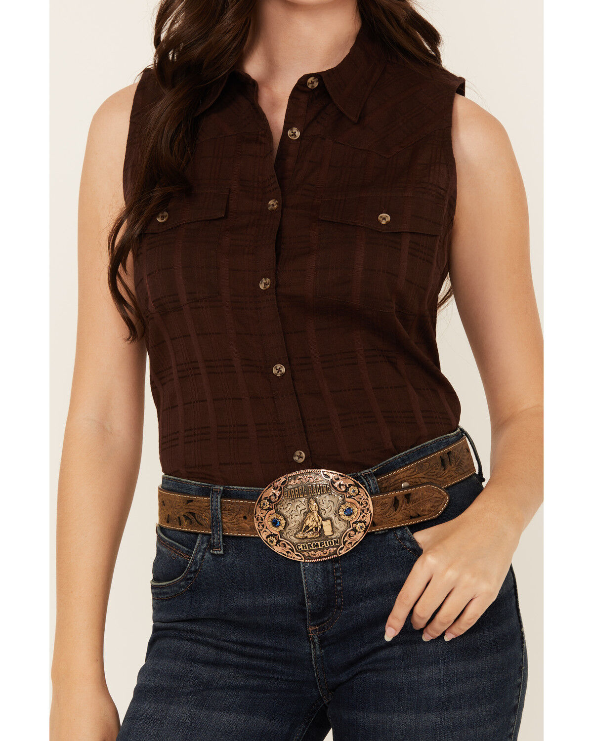 Image #3 - Shyanne Women's Shadow Striped Sleeveless Button-Down Western Shirt, Chocolate, hi-res
