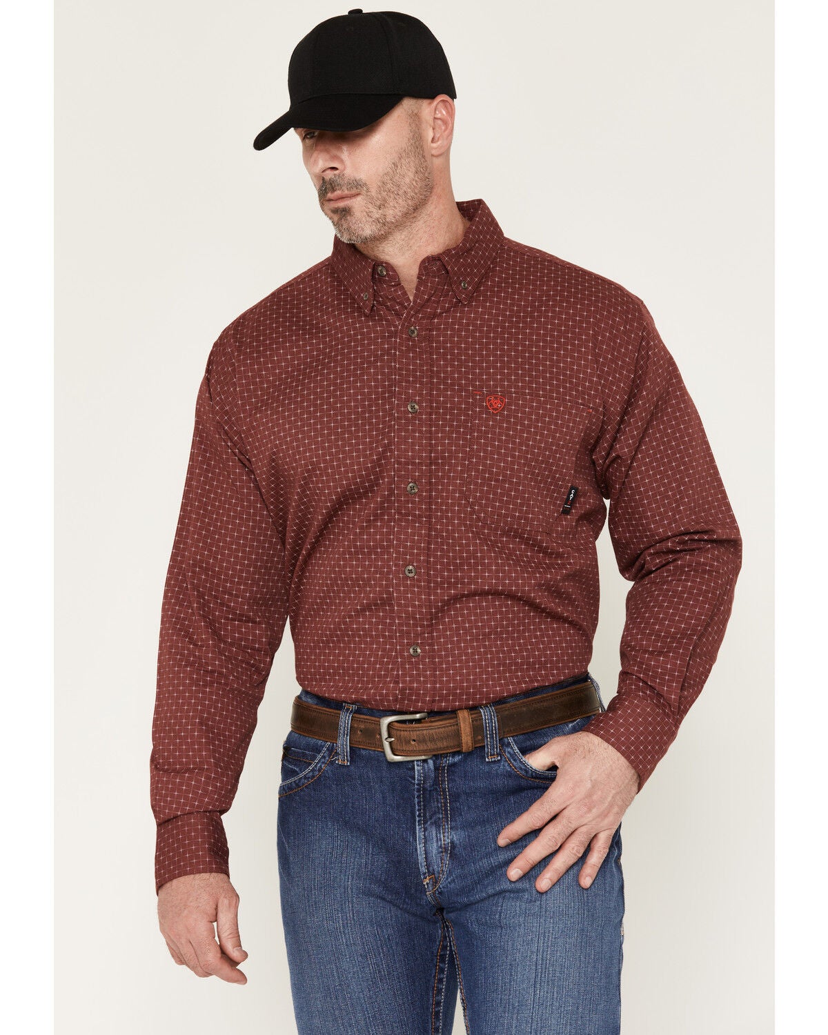 Image #1 - Ariat Men's FR Logan Geo Print Long Sleeve Button-Down Work Shirt, Burgundy, hi-res