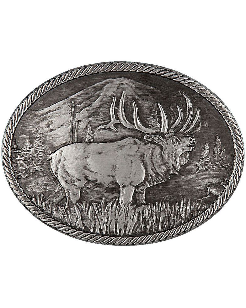 Montana Silversmiths Gunmetal Outdoor Series Wild Elk Carved Buckle, Silver, hi-res