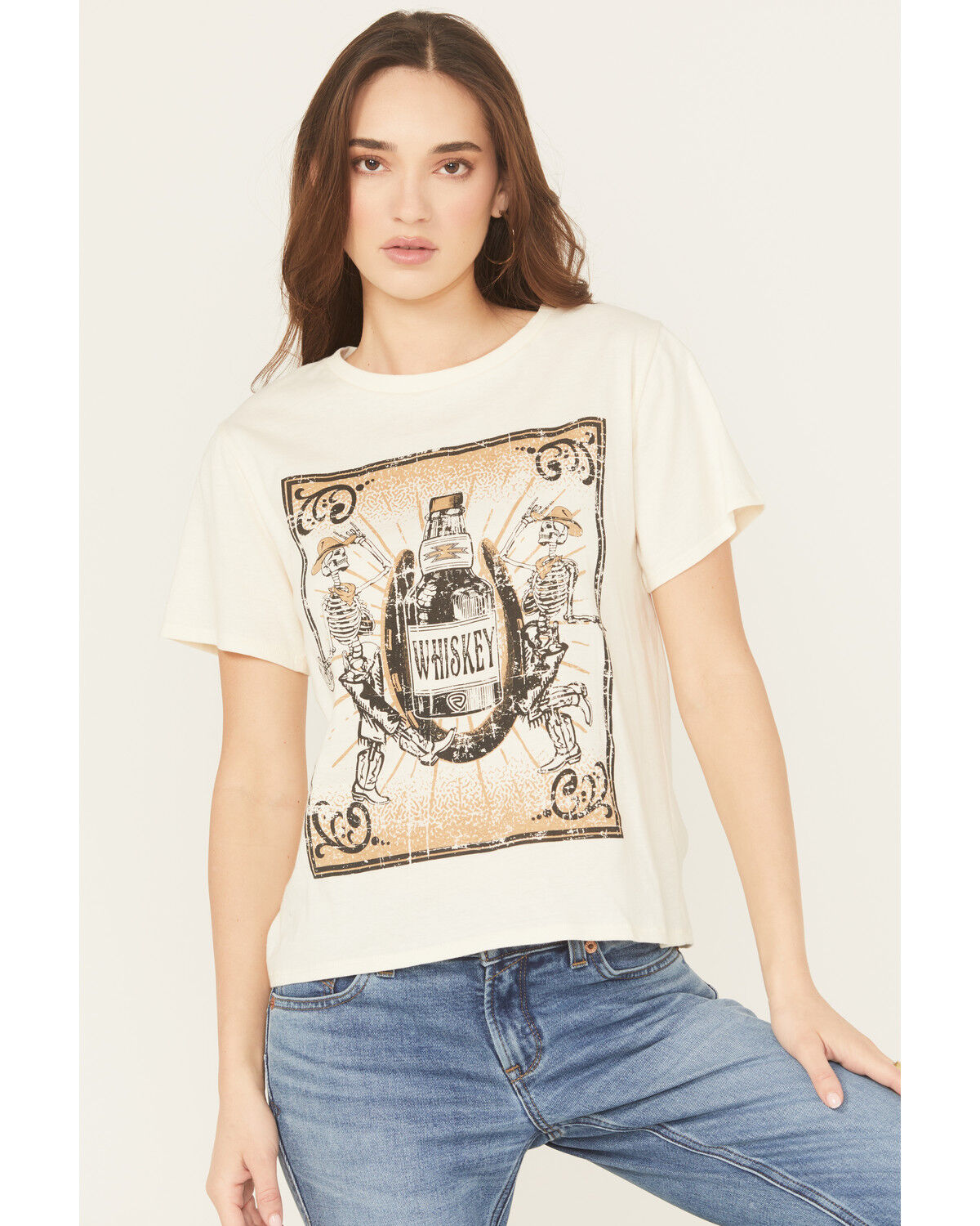 Image #1 - Rock & Roll Denim Women's Whiskey Short Sleeve Oversized Graphic Tee, Cream, hi-res