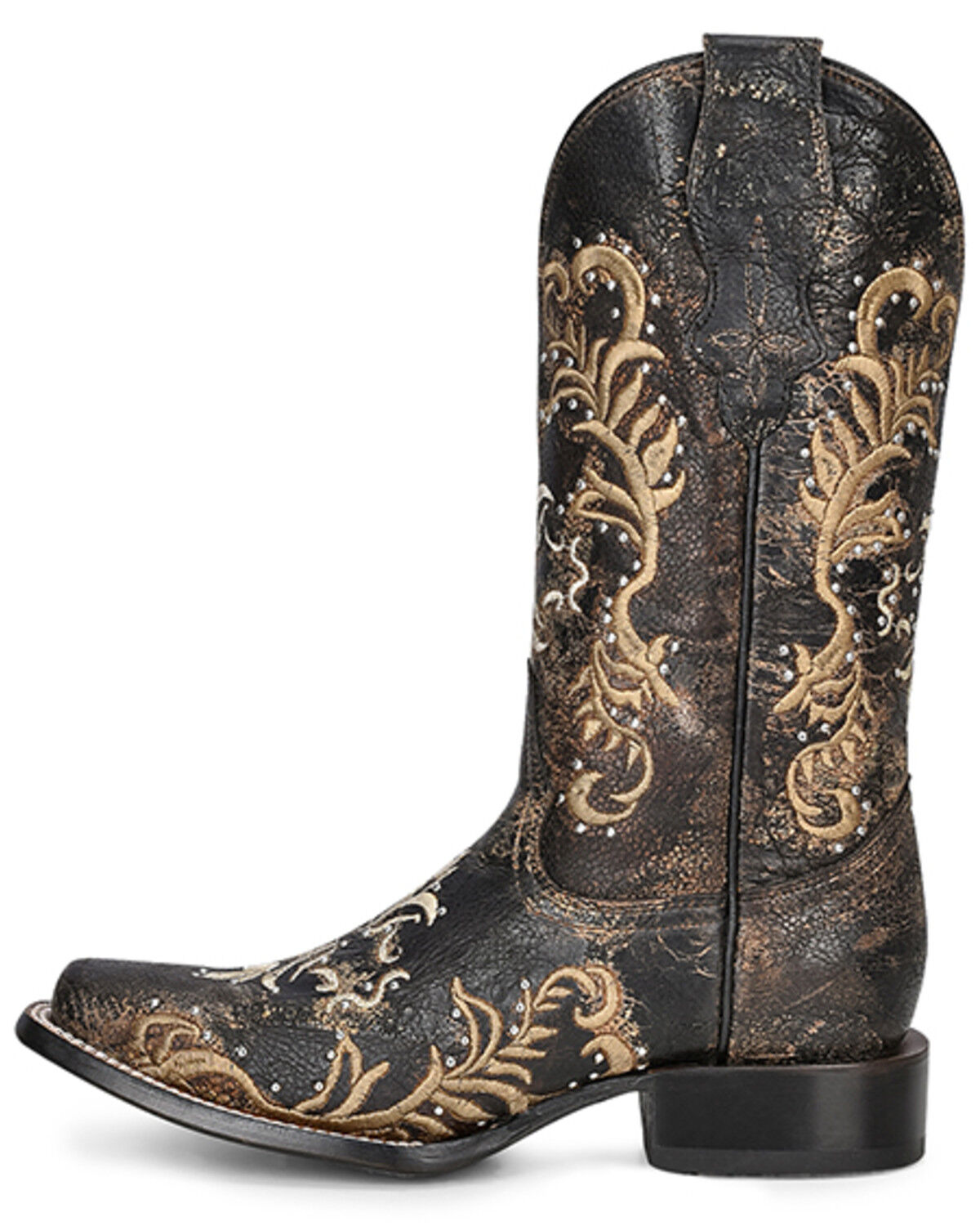 Image #3 - Circle G Women's Embroidered & Studded Distressed Tall Western Boots - Square Toe, Black/tan, hi-res