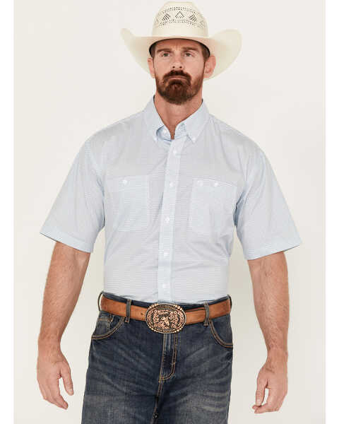 George Strait by Wrangler Men's Geo Print Short Sleeve Button-Down Western Shirt, Blue, hi-res
