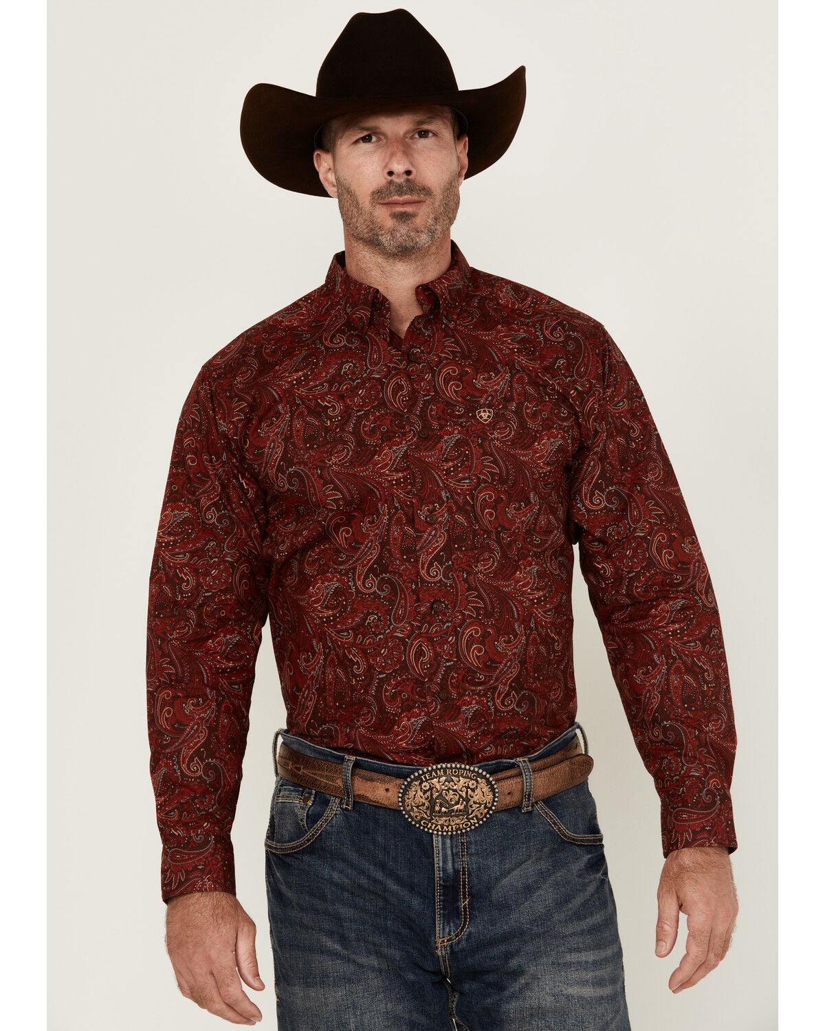 Ariat Men's Jaydon Paisley Print Long Sleeve Button-Down Western Shirt, Burgundy, hi-res