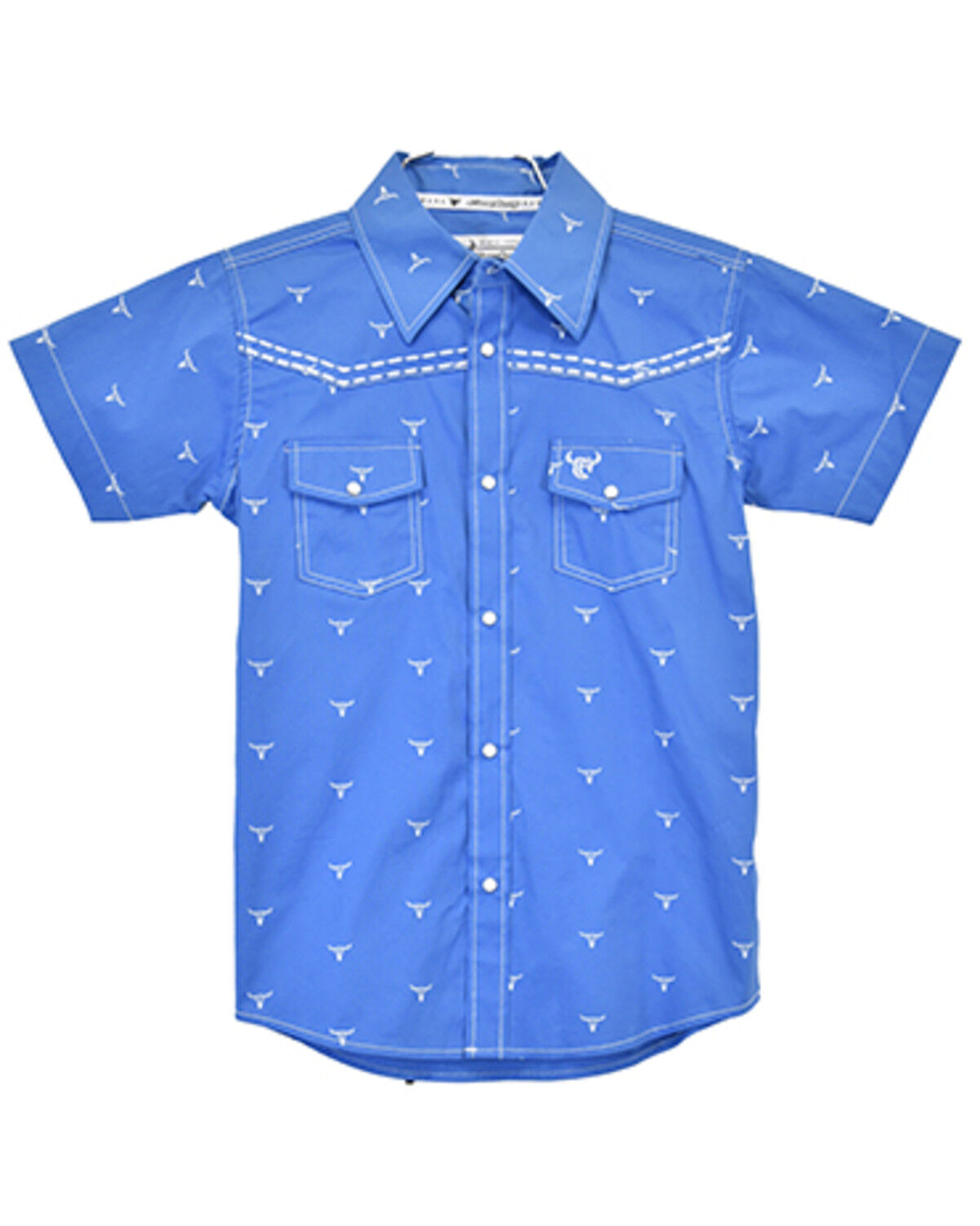 Image #1 - Cowboy Hardware Boys' Scattered Skull Short Sleeve Snap Western Shirt, Blue, hi-res