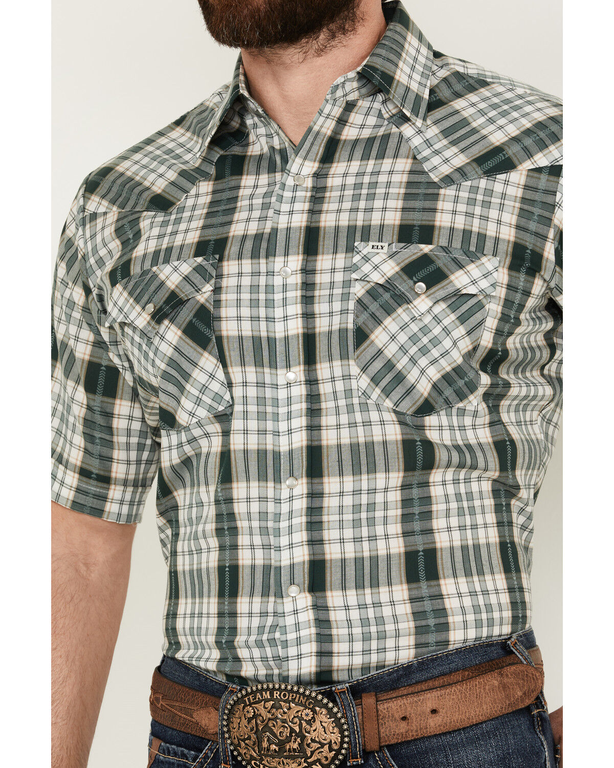 Image #3 - Ely Walker Men's Dobby Plaid Print Short Sleeve Snap Western Shirt, Green, hi-res