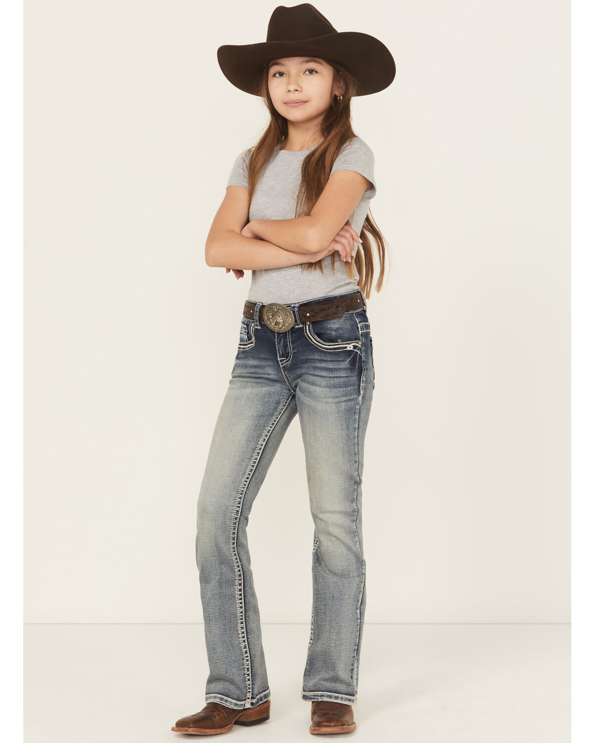 Image #3 - Shyanne Girls' Washed Bow Pocket Bootcut Stretch Denim Jeans, Dark Grey, hi-res