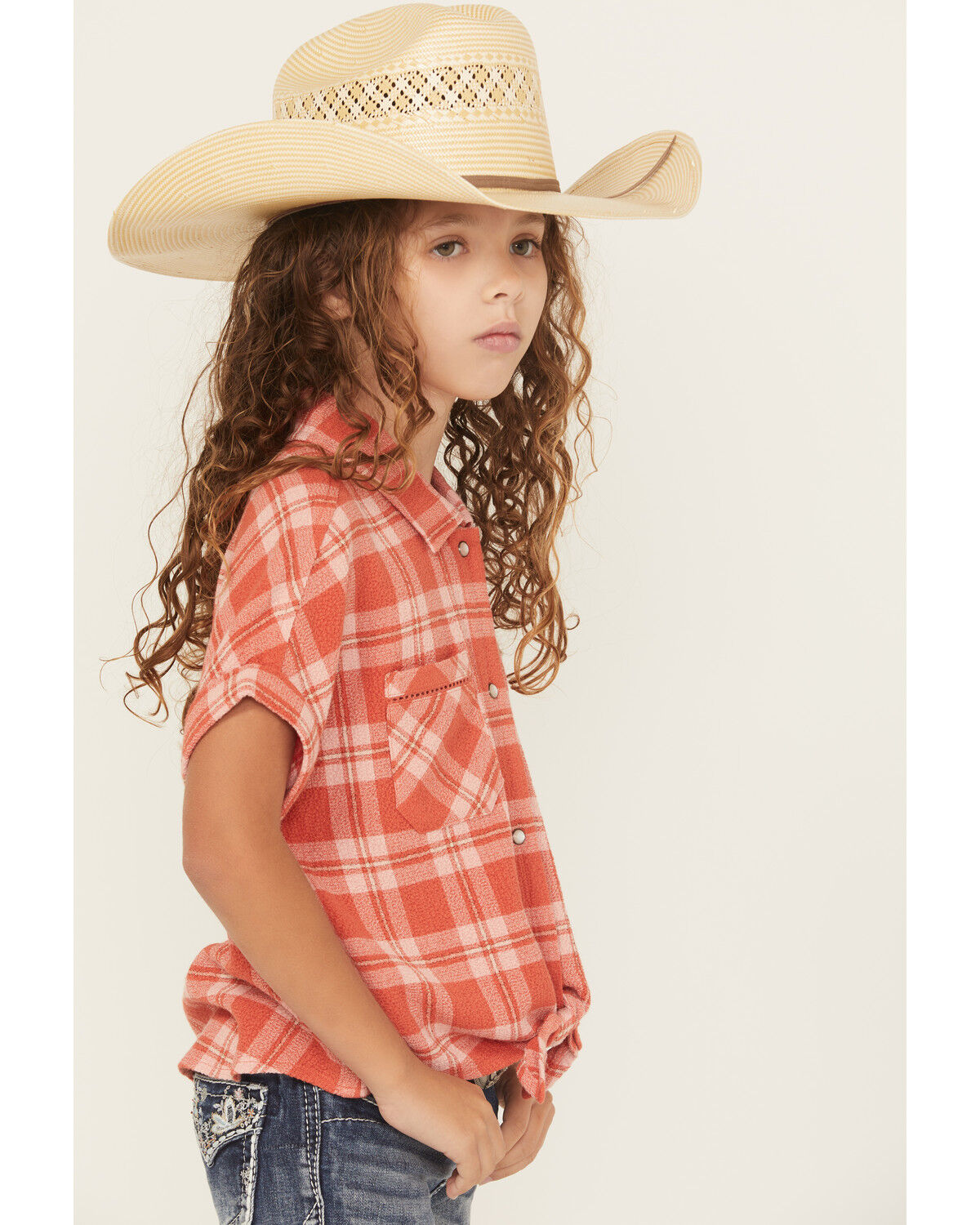 Image #2 - Shyanne Girls' Camp Plaid Print Short Sleeve Snap Tie-Front Shirt, Dark Pink, hi-res