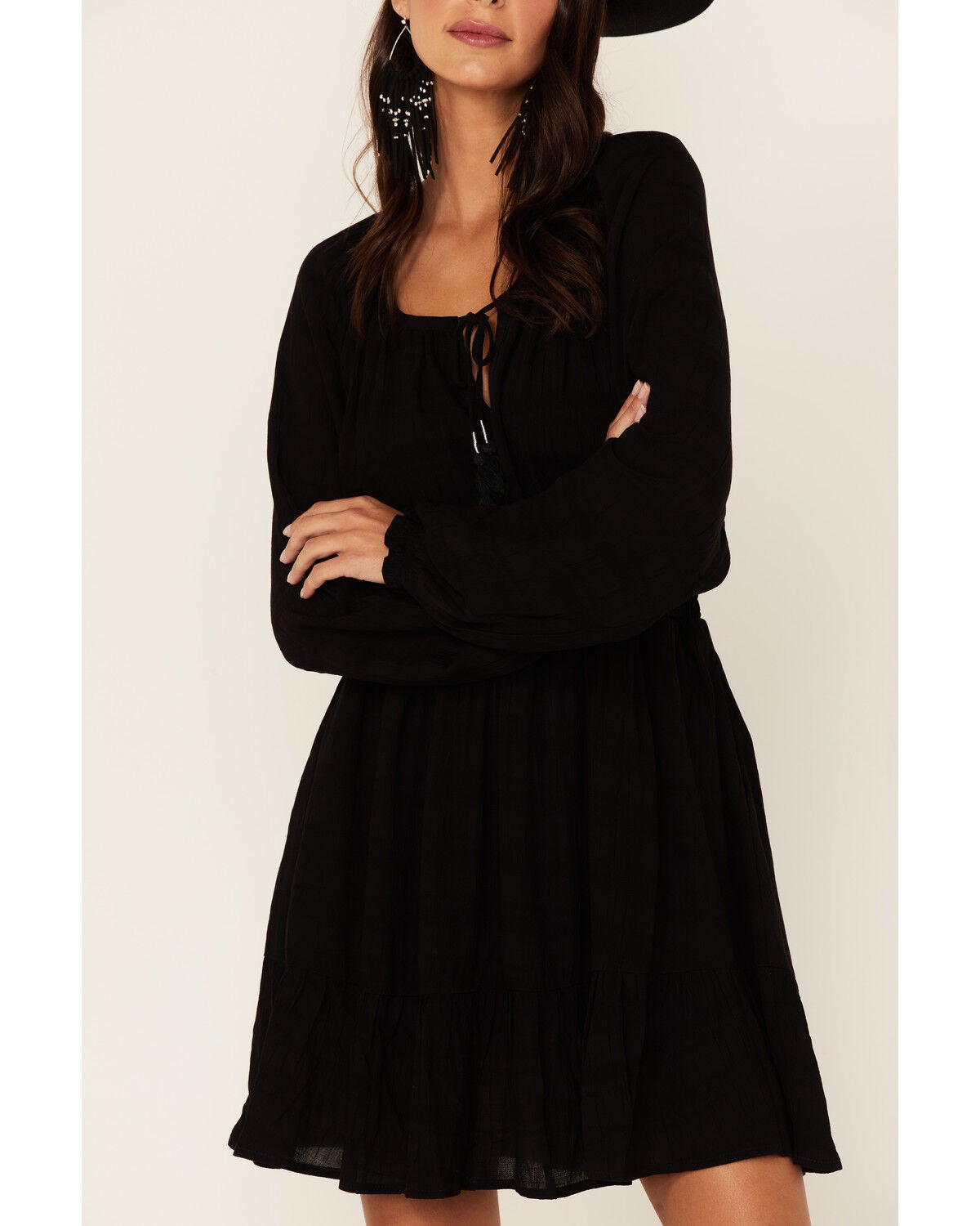 Black Smocked Long Sleeve Peasant Dress 